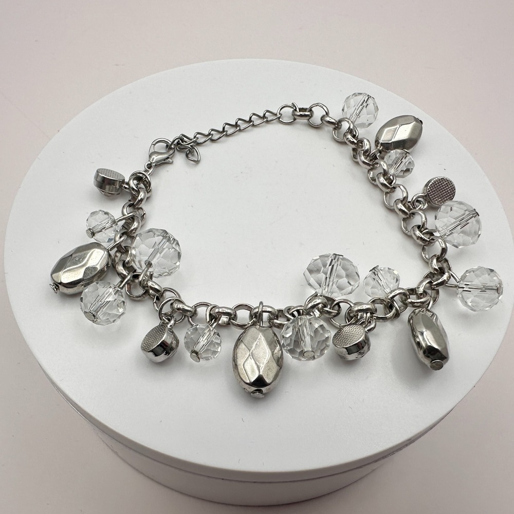 Vintage Y2K Silver Tone Faceted Beaded Charm Bracelet Women's Classic Jewelry
